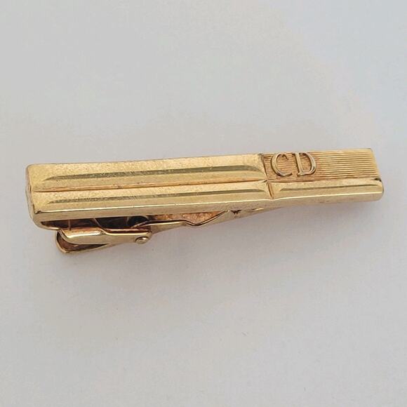 Christian Dior Tie Bar Clip Clasp Gold Tone CD Logo Vintage Made Germany Design - Picture 1 of 8